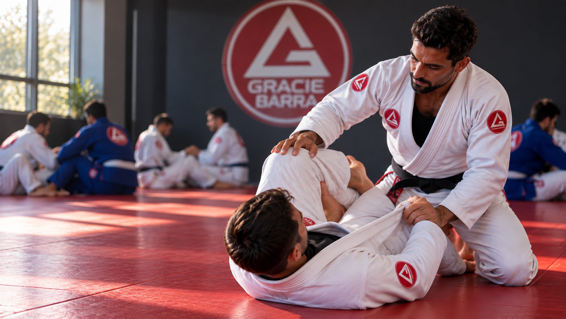 A Gracie Barra Professor guiding an adult student through a Jiu-Jitsu technique on the mats
